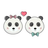 carino romantico coppia di panda con blu e rosa archi. pandaboy e ragazza nel divertente infantile kawaii stile. romantico sorridente animali facce. vettore