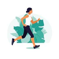 ragazza che corre nel parco. donna che fa attività fisica all'aperto al parco, correndo. stile di vita sano e concetto di fitness. illustrazione vettoriale in stile piatto.