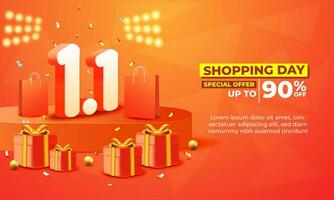 1.1 shopping giorno anniversario sfondo, bandiera con negozio Borsa, regalo scatola per commerciale promozione vettore