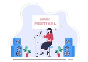 illustrazione vettoriale di sfondo del festival musicale con strumenti musicali e performance di canto dal vivo per poster, banner o modello di brochure