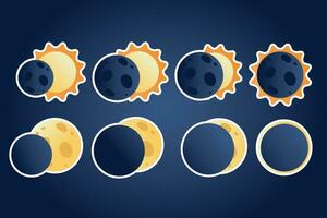 solare, lunare eclisse adesivi nel piatto cartone animato stile vettore