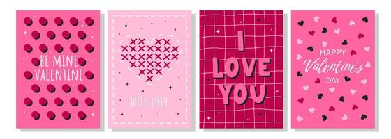 San Valentino giorno saluto carta impostare. mano disegnato di moda cartone animato cuore, amore scritta. vettore illustrazione