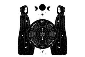 mistico triplicare dea, sacerdotesse nel ruota di il anno è un annuale ciclo di di stagione feste. wiccan calendario e vacanze. Gotico strega wiccan femmina sacro design. vettore isolato su bianca