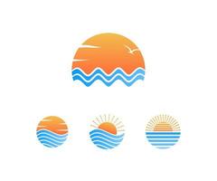 raccolta di modelli di elementi di design del logo del mare e del sole, icone di viaggio concept, alba o tramonto vettore