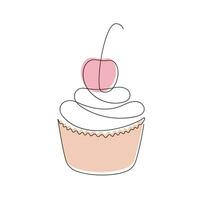 Cupcake con ciliegia disegnato nel uno continuo linea nel colore. uno linea disegno, minimalismo. vettore illustrazione.