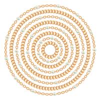 Modello rotondo realizzato con catene e perle dorate. Su bianco Illustrazione vettoriale