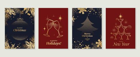 elegante Natale invito carta arte deco design vettore. lusso Natale albero, vino bicchiere, fogliame individuare struttura su buio blu e rosso sfondo. design illustrazione per coperchio, manifesto, sfondo. vettore