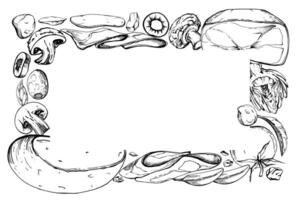 mano disegnato vettore inchiostro illustrazione. champignon Mozzarella carciofo prosciutto pomodoro basilico oliva. angolo telaio isolato su bianca. design ristorante, menù, bar, cibo negozio o pacchetto, volantino, Stampa.