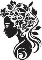 minimalista floreale profilo vettore donna emblema sofisticato flora fascino nero vettore icona