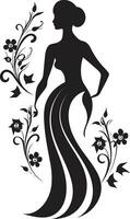 grazioso pieno corpo florals nero emblema design elegante floreale armonia donna vettore profilo