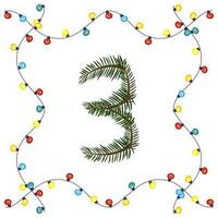 numero tre da rami di albero di natale verde. carattere festivo e cornice da ghirlanda, simbolo di felice anno nuovo e natale, carattere per la decorazione della data vettore