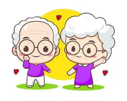 carino coppia nonni mostrare amore cartello. Nonno e nonna cartone animato carattere. contento vecchio coppia. chibi vettore stile. isolato bianca sfondo