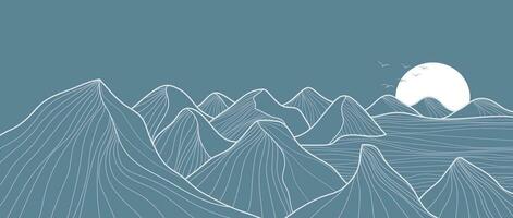 montagna linea arte paesaggio illustrazione. creativo minimalista moderno linea arte modello. astratto contemporaneo estetico sfondi paesaggi. con montagna, collina e oceano onda vettore