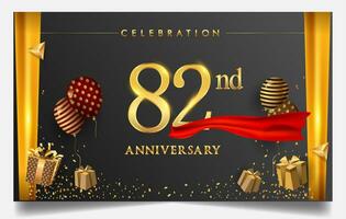 80 ° anni anniversario design per saluto carte e invito, con Palloncino, coriandoli e regalo scatola, elegante design con oro e buio colore, design modello per compleanno celebrazione. vettore