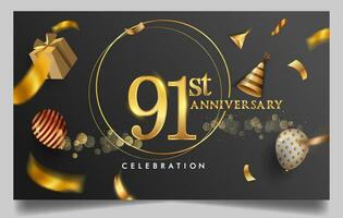 90 ° anni anniversario design per saluto carte e invito, con Palloncino, coriandoli e regalo scatola, elegante design con oro e buio colore, design modello per compleanno celebrazione. vettore