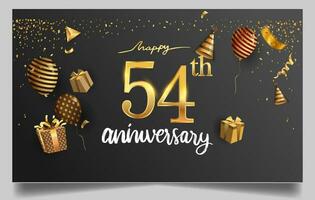 50 ° anni anniversario design per saluto carte e invito, con Palloncino, coriandoli e regalo scatola, elegante design con oro e buio colore, design modello per compleanno celebrazione. vettore