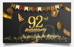 90 ° anni anniversario design per saluto carte e invito, con Palloncino, coriandoli e regalo scatola, elegante design con oro e buio colore, design modello per compleanno celebrazione. vettore