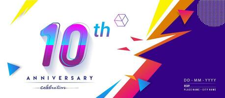 10 ° anni anniversario logo, vettore design compleanno celebrazione con colorato geometrico sfondo e cerchi forma.