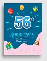 56th anni anniversario invito disegno, con regalo scatola e palloncini, nastro, colorato vettore modello elementi per compleanno celebrazione festa.