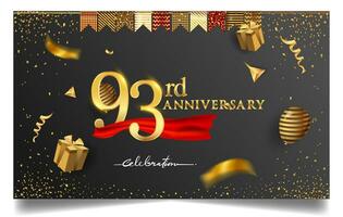 90 ° anni anniversario design per saluto carte e invito, con Palloncino, coriandoli e regalo scatola, elegante design con oro e buio colore, design modello per compleanno celebrazione. vettore