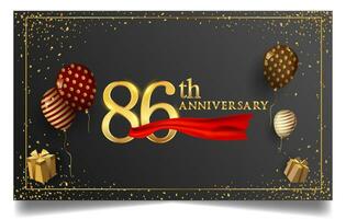 80 ° anni anniversario design per saluto carte e invito, con Palloncino, coriandoli e regalo scatola, elegante design con oro e buio colore, design modello per compleanno celebrazione. vettore