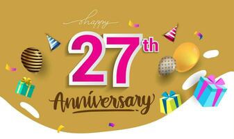 27th anni anniversario celebrazione disegno, con regalo scatola e palloncini, nastro, colorato vettore modello elementi per il tuo compleanno festeggiare festa.