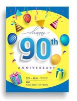90 ° anni anniversario invito disegno, con regalo scatola e palloncini, nastro, colorato vettore modello elementi per compleanno celebrazione festa.