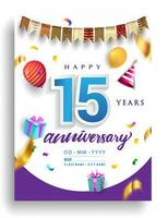 10 ° anni anniversario invito disegno, con regalo scatola e palloncini, nastro, colorato vettore modello elementi per compleanno celebrazione festa.