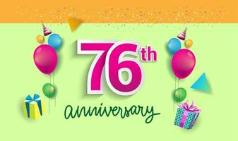 76 ° anni anniversario celebrazione disegno, con regalo scatola e palloncini, nastro, colorato vettore modello elementi per il tuo compleanno festeggiare festa.