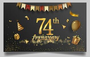 70 ° anni anniversario design per saluto carte e invito, con Palloncino, coriandoli e regalo scatola, elegante design con oro e buio colore, design modello per compleanno celebrazione. vettore