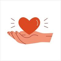 un Aperto palma con cuore. mano Tenere un' cuore. concetto di aiuto per profughi, donazione o beneficenza fondazione. volontario, condivisione amore e porzione altri. vettore illustrazione nel piatto stile.