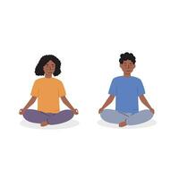 diverso bambini meditando. bambini fare yoga esercizio. meditazione lezione nel scuola materna concetto. impostato di diverso gara giovane femmina e maschio personaggi seduta su pavimento con calma. vettore illustrazione.