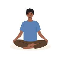 piazza manifesto con giovane africano maschio Meditare su loto fiore e fare yoga respirazione esercizio. uomo praticante pranayama. carta con catturare meditazione. piatto stile vettore illustrazione.