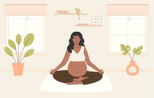 incinta nero donna Meditare all'aperto. prenatale yoga. africano buio pelle donna nel parco seduta con gambe attraversato praticante meditazione. rilassante esercizio durante gravidanza. piatto vettore illustrazione.
