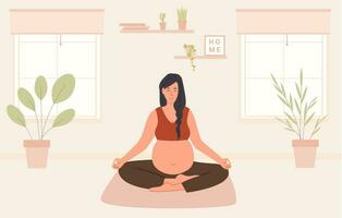 incinta donna Meditare a casa. prenatale yoga. donna seduta con gambe attraversato praticante meditazione. rilassante esercizio durante gravidanza. madre con pancia su un' stuoia. piatto stile vettore illustrazione.