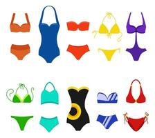 impostato di donne costume da bagno isolato su bianca sfondo. bikini bagnarsi tute per nuoto. moda bikini, tankini e monokini collezione. vettore illustratim