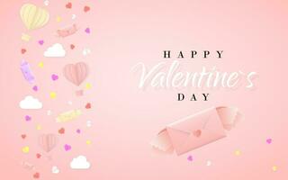 contento san valentino giorno invito carta modello con origami carta caldo aria Palloncino nel cuore forma, carta lettera, bianca nuvole e coriandoli. rosa sfondo. vettore illustrazione