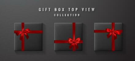 nero regalo scatola con rosso arco e nastro superiore Visualizza. elemento per decorazione i regali, saluti, vacanze. vettore illustrazione