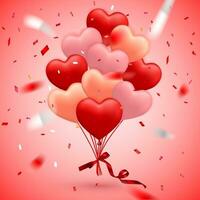 contento san valentino giorno sfondo, rosso Palloncino nel modulo di cuore con arco, nastro e coriandoli. vettore illustrazione