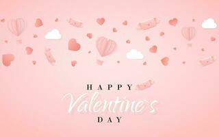 contento san valentino giorno invito carta modello con origami carta caldo aria Palloncino nel cuore forma, carta lettera, bianca nuvole e coriandoli. rosa sfondo. vettore illustrazione