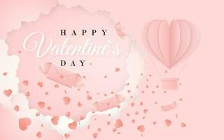 contento san valentino giorno invito carta modello con origami carta caldo aria Palloncino nel cuore forma, carta lettera, bianca nuvole e coriandoli. rosa sfondo. vettore illustrazione