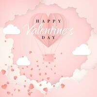 contento san valentino giorno invito carta modello con origami carta caldo aria Palloncino nel cuore forma, bianca nuvole e coriandoli. rosa sfondo. vettore illustrazione