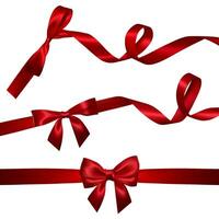 impostato di realistico rosso arco con lungo arricciato rosso nastro. elemento per decorazione i regali, saluti, vacanze, san valentino giorno design. vettore illustrazione