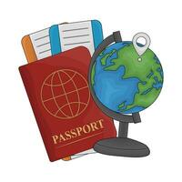 biglietto nel passaporto libro con Posizione nel globo illustrazione vettore