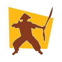 silhouette di un' kungfu o wushu marziale arte atleta nel azione posa. silhouette di un' maschio marziale arte persona nel posa con spade arma. vettore