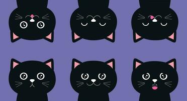 impostato di cartone animato nero gatti con diverso emozioni. vettore illustrazione