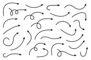 set di frecce curve vettoriali disegnate a mano. schizzo stile scarabocchio. raccolta di indicazioni.