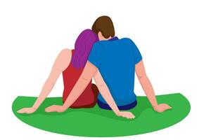 indietro Visualizza di un' coppia abbracciare ogni altro seduta su il erba. felicità, datazione, vivente felicemente. vettore illustrazione