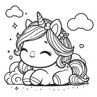 allegro carino bambino cartone animato unicorno con su nube. nero e bianca lineare arte. per figli di design di colorazione libri, adesivi, carte, stampe, manifesti, puzzle vettore
