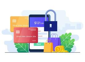 mobile bancario App concetto piatto illustrazione, shopping in linea con portafoglio elettronico, credito o addebito carta pagamento, sicuro digitale bancario, portafoglio elettronico, mobile i soldi trasferimento, commercio elettronico, senza soldi pagamento vettore